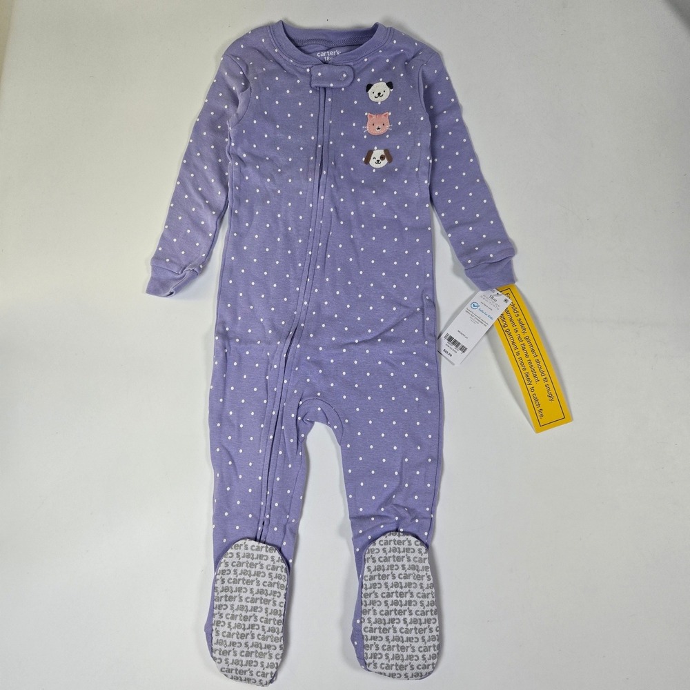 Carter's Footed Pajamas Girl 18M Purple Polka Dot Animal Dog Cat Zipper Sleeper